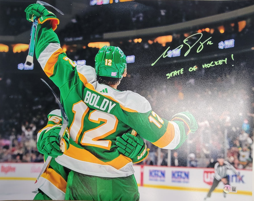 Matt Boldy 'Celebrating' Signed 16x20 Photo w/ 'State of Hockey'