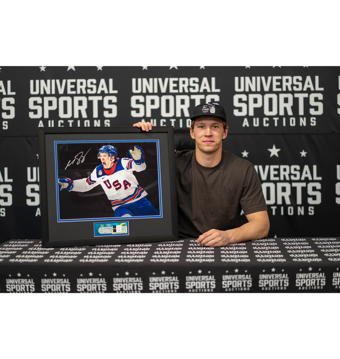 Matt Boldy 'Olympic Goal Celebration' Signed & Professionally Framed 16x20 w/ Replica Ticket