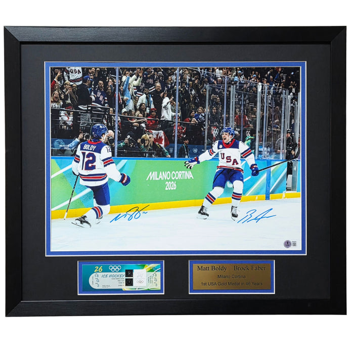 Matt Boldy & Brock Faber Signed 'USA Celebration' 16x20 Photo w/ Replica Ticket