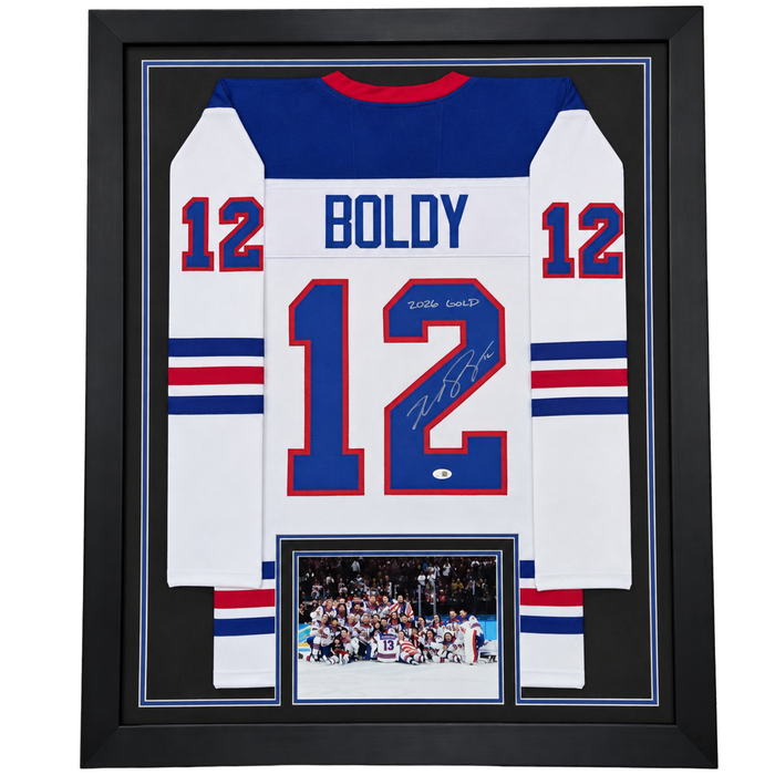 Matt Boldy Signed & Professionally Framed White USA Player Hockey Jersey w/ Inscription '2026 Gold!'