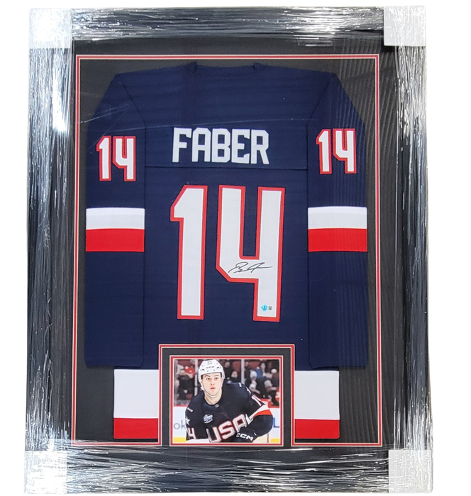 Brock Faber Signed & Professionally Framed USA Player Hockey Jersey