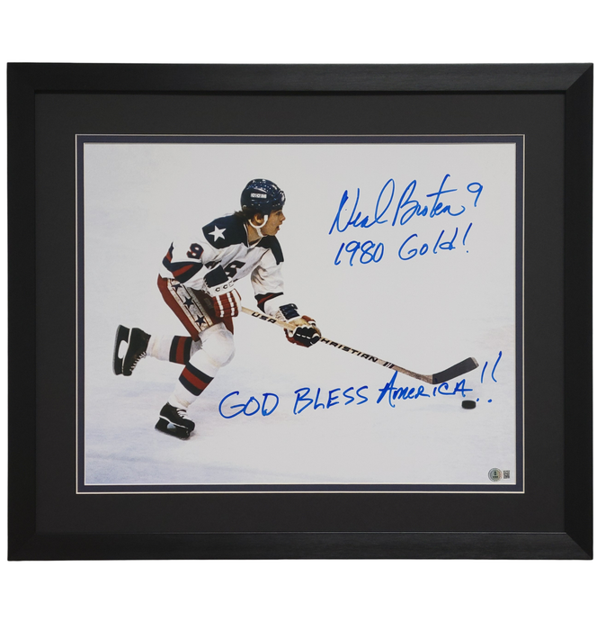 Neal Broten Signed & Professionally Framed 16x20 Photo w/ '1980 Gold! & God Bless America!!'