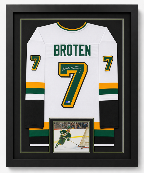 Neal Broten Signed & Professionally Framed White Player Hockey Jersey