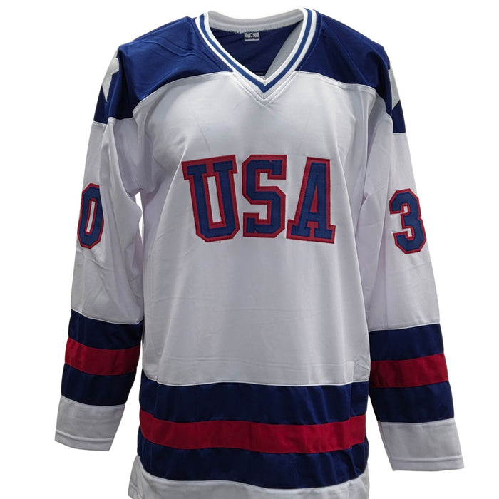 Jim Craig Signed Player White 1980 USA Hockey Jersey w/ Inscription