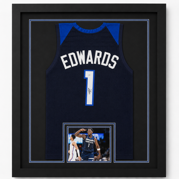 Anthony Edwards Signed & Professionally Framed Blue Player Basketball Jersey