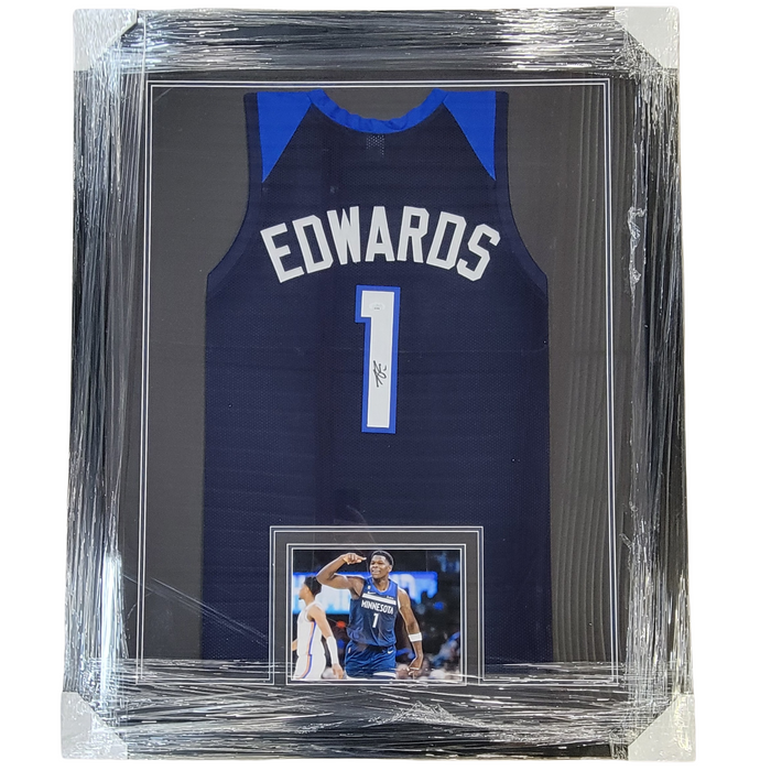 Anthony Edwards Signed & Professionally Framed Blue Player Basketball Jersey
