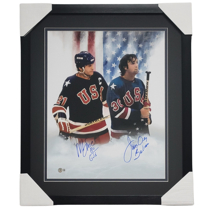 Mike Eruzione & Jim Craig Dual Signed & Professionally Framed 16x20 w/ Inscriptions '80 Gold & Believe'