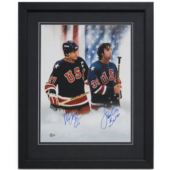Mike Eruzione & Jim Craig Dual Signed & Professionally Framed 16x20 w/ Inscriptions '80 Gold & Believe'