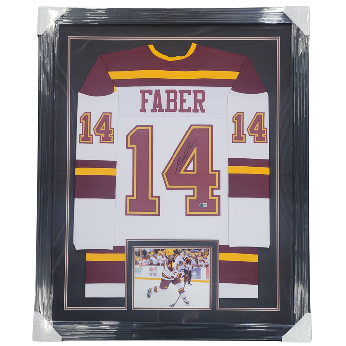 Brock Faber Signed & Professionally Framed Custom White College Hockey Jersey