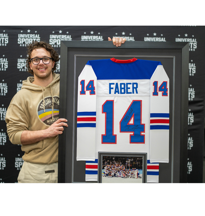 Brock Faber Signed & Professionally Framed Player White USA Hockey Jersey