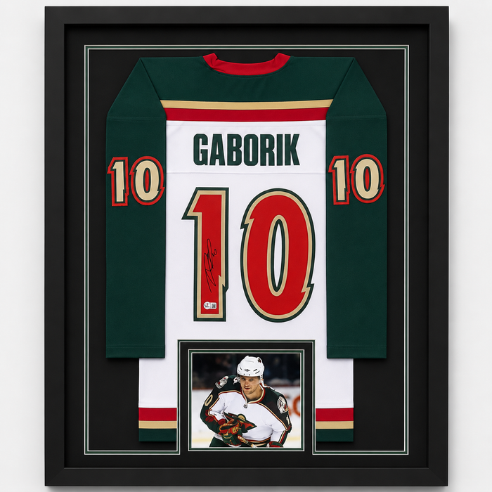 Marian Gaborik Signed and Professionally Framed White Throwback Player Hockey Jersey