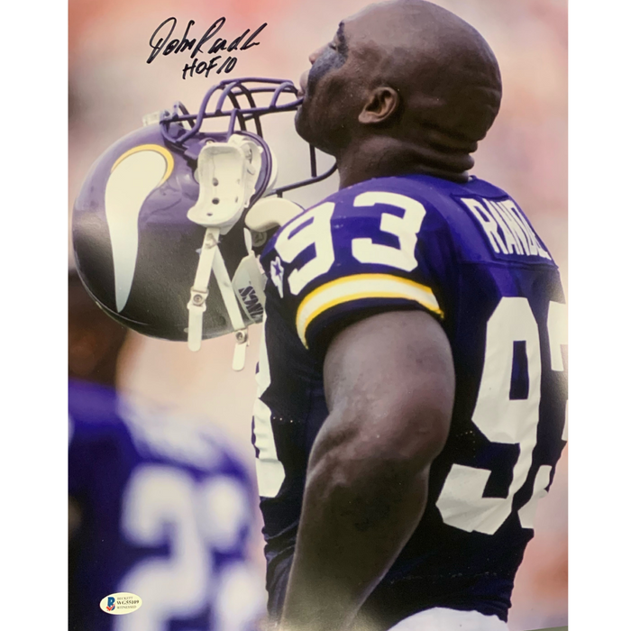 John Randle Signed Biting Helmet Purple Jersey 16x20 Photo w/ 'HOF 10'
