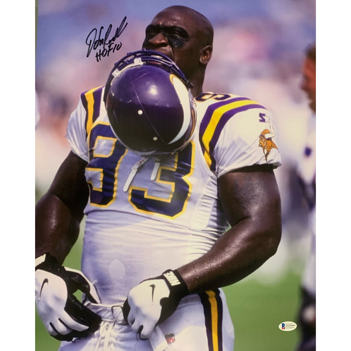 John Randle Signed Biting Helmet White Jersey 8x10 Photo w/ 'HOF 10'