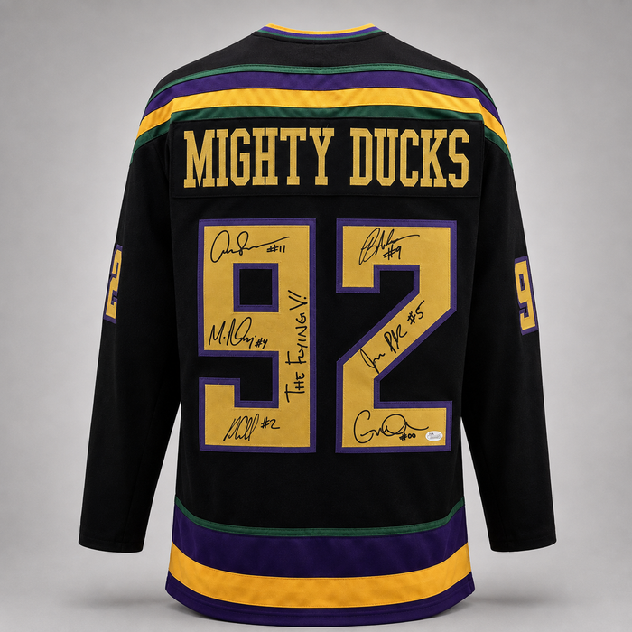 The Mighty Ducks Cast Signed Black Player Hockey Jersey w/ 'The Flying V!'