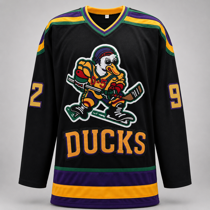 The Mighty Ducks Cast Signed Black Player Hockey Jersey w/ 'The Flying V!'
