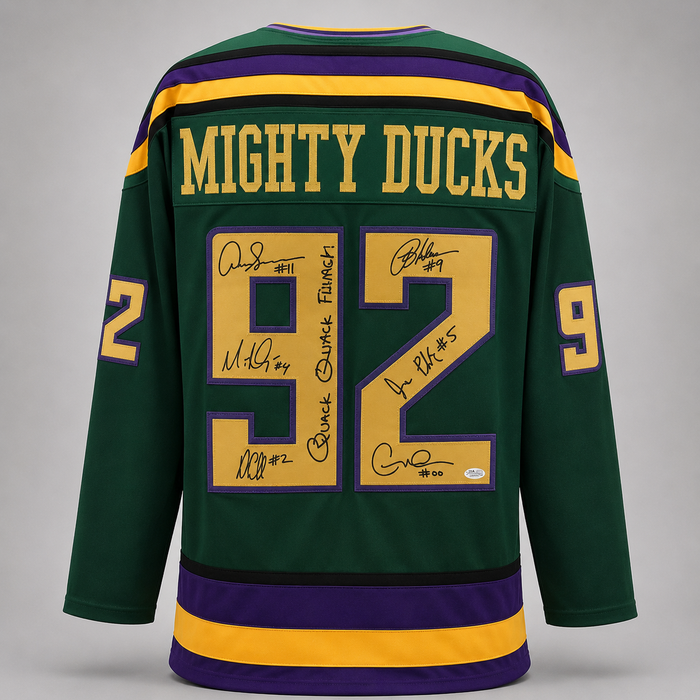 The Mighty Ducks Cast Signed Green Player Hockey Jersey w/ 'Quack, Quack, Quack'