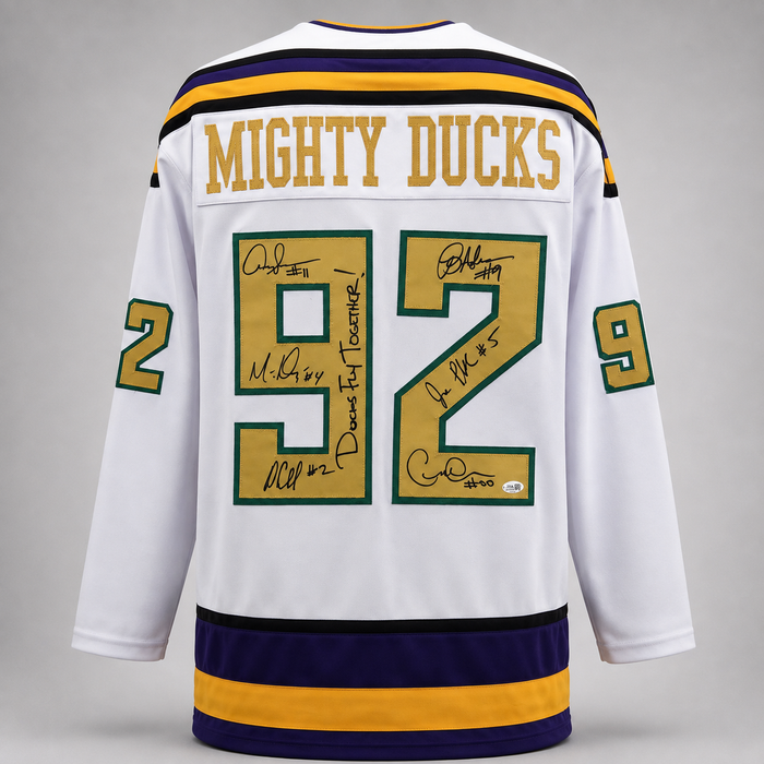 The Mighty Ducks Cast Signed White Player Hockey Jersey w/ 'Ducks Fly Together!'