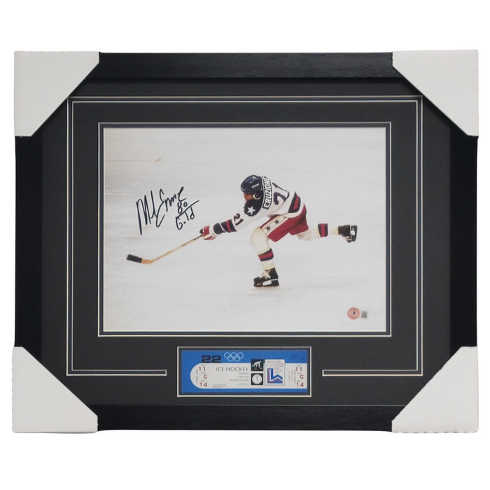 Mike Eruzione Signed & Professionally Framed 11x14 Display w/ Replica Ticket & Inscription #2