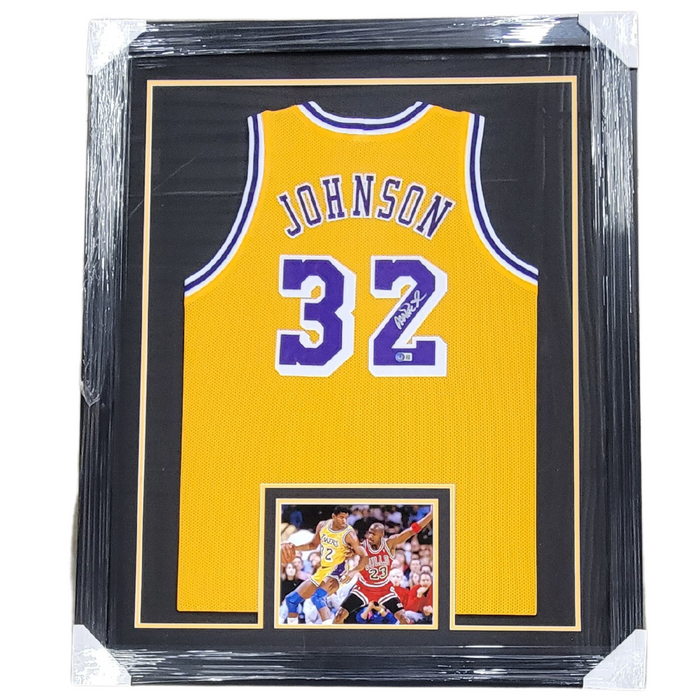 Magic Johnson Signed & Professionally Framed Custom Yellow Basketball Jersey