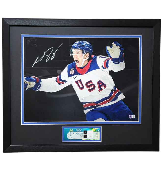 Matt Boldy 'Olympic Goal Celebration' Signed & Professionally Framed 16x20 w/ Replica Ticket