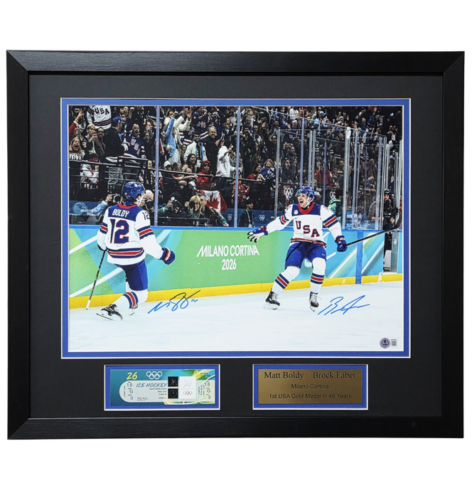 Matt Boldy & Brock Faber 'Olympic Celebration' Signed 16x20 Photo w/ Replica Ticket & Plaque