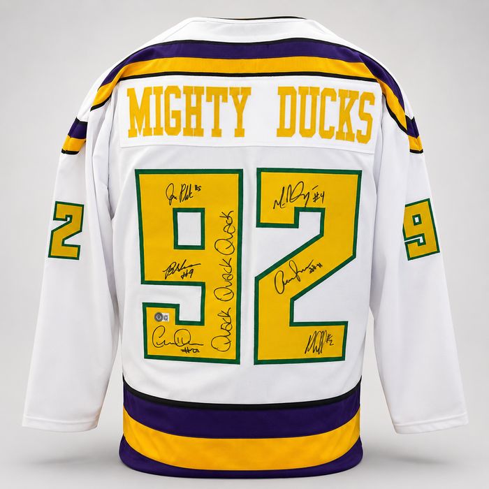 The Mighty Ducks Cast Signed White Player Hockey Jersey w/ 'Quack Quack Quack'