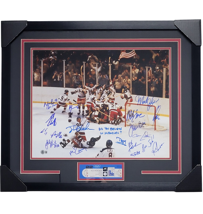 1980 Miracle on Ice w/ Ticket Signed & Professionally Framed 16x20 Photo w/ 18 Signatures