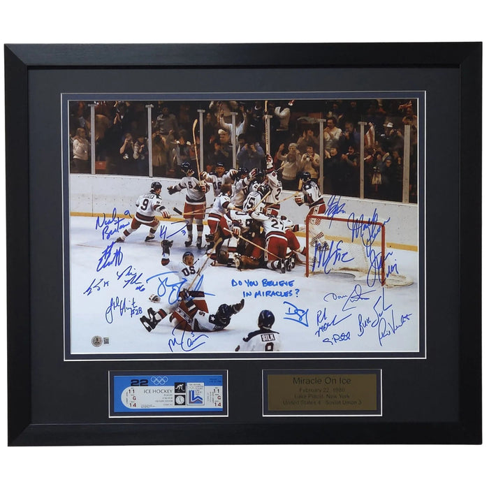 1980 Miracle on Ice Signed & Professionally Framed 16x20 Photo w/ 18 Signatures, Replica Ticket and Plaque