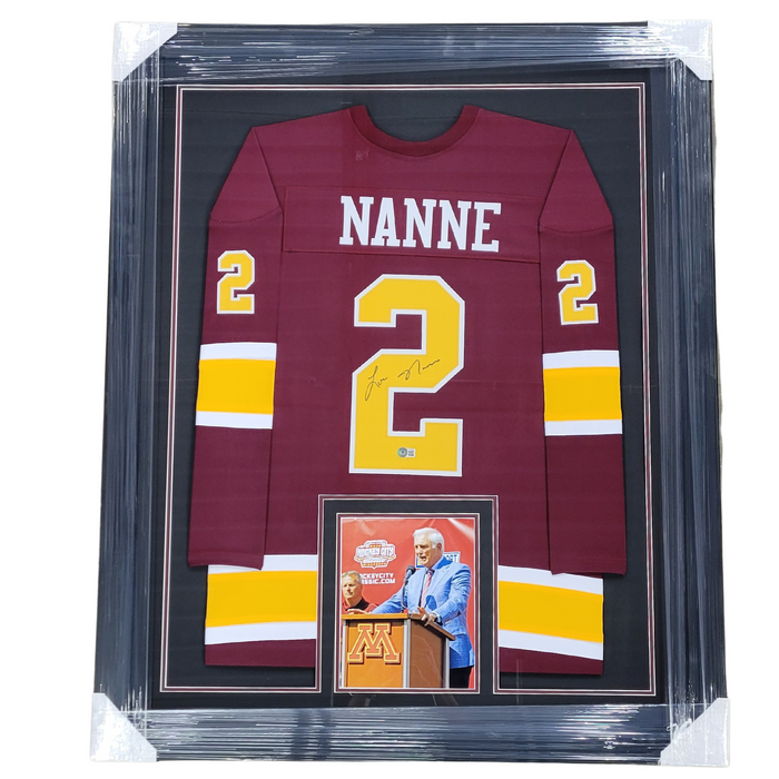 Lou Nanne Signed & Professionally Framed Custom Maroon Hockey Jersey