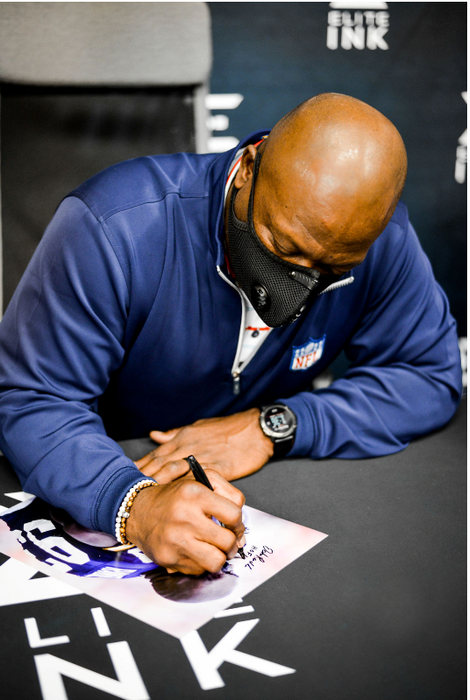 John Randle Signed Biting Helmet Purple Jersey 11x14 Photo w/ 'HOF 10'
