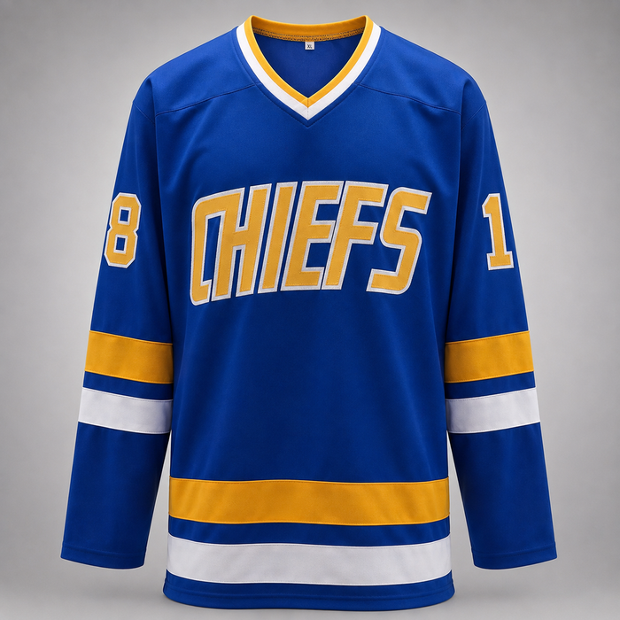 Slap Shot Cast Signed Blue Hockey Jersey w/ 'Old Time Hockey'