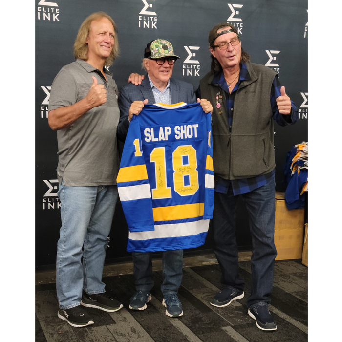 Slap Shot Cast Signed Blue Hockey Jersey w/ 'Old Time Hockey'