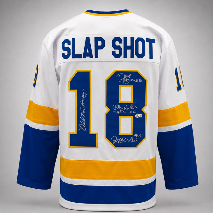 Slap Shot Cast Signed White Hockey Jersey w/ 'Old Time Hockey'