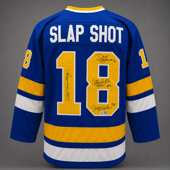 Slap Shot Cast Signed Blue Hockey Jersey w/ 'Old Time Hockey'