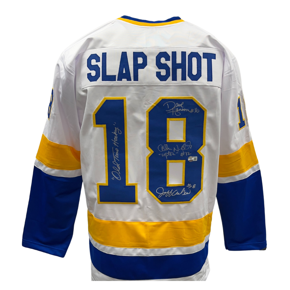 Slap Shot Cast Signed White Hockey Jersey w/ 'Old Time Hockey