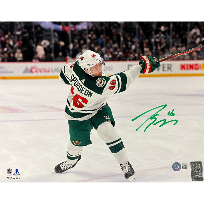 Jared Spurgeon White Jersey Signed 11x14 Photo