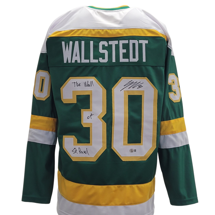 Jesper Wallstedt Signed Green Retro Player Hockey Jersey w/ Inscription "The Wall of St. Paul"