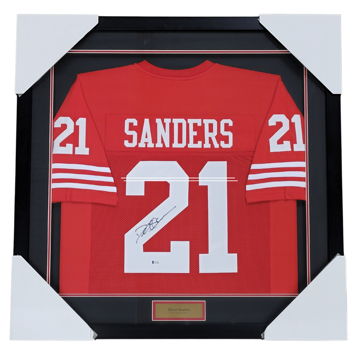 Deion Sanders Signed & Professionally Framed 1/2 Size Custom Red Football Jersey
