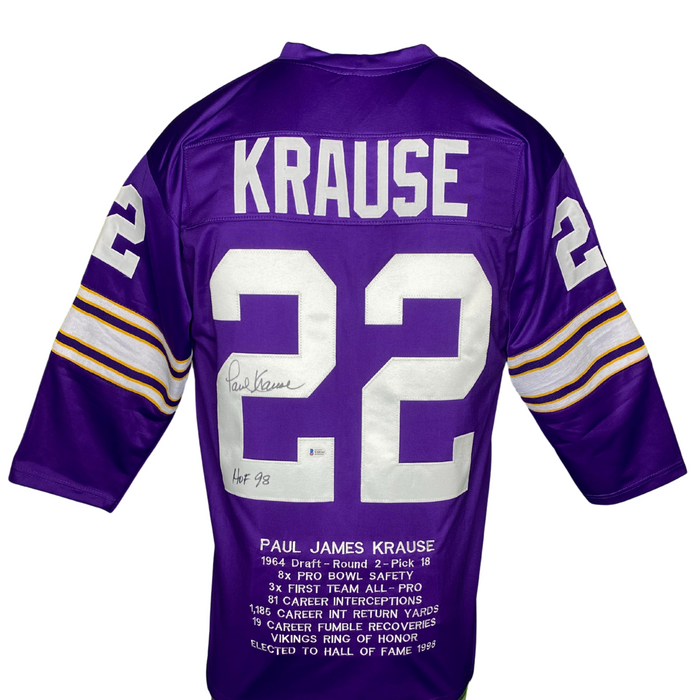 Paul Krause Autographed Custom Purple Football Jersey w/ Stats & HOF 98